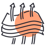 A graphic icon representing fabric breathability with upward-pointing arrows passing through three wavy horizontal layers.
