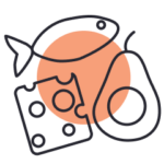 Icon of fish, cheese, and an avocado.